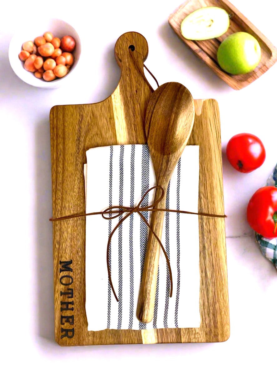 Custom Wood Cutting Board Set with Spoon & Towel