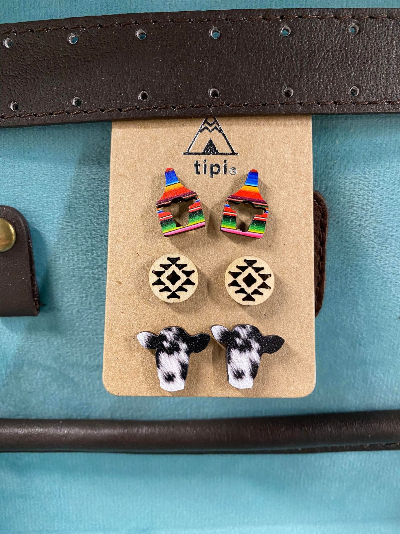 3 Set Post Earrings: Cow , Aztec and Ear Tag