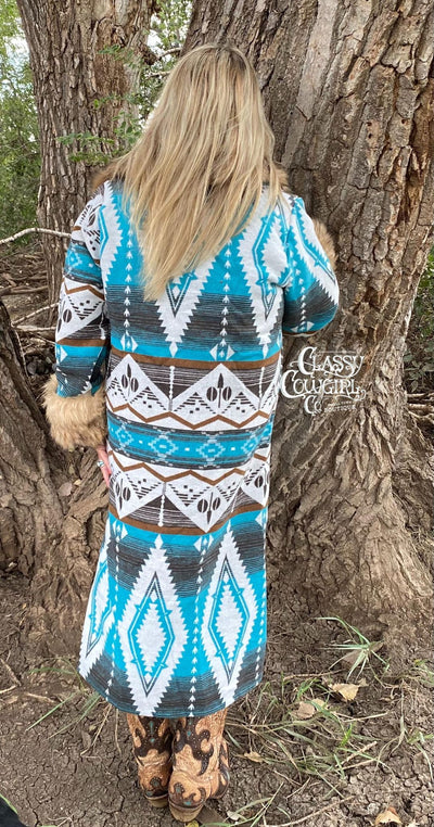 SALE- L&B Turquoise Aztec Duster with Removable Fur