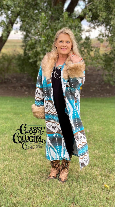 SALE- L&B Turquoise Aztec Duster with Removable Fur