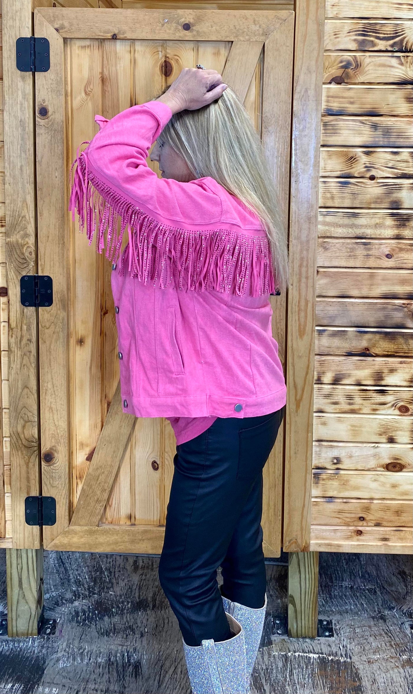SALE- Hot Pink Denim Jacket With Fringe from Lucky & Blessed