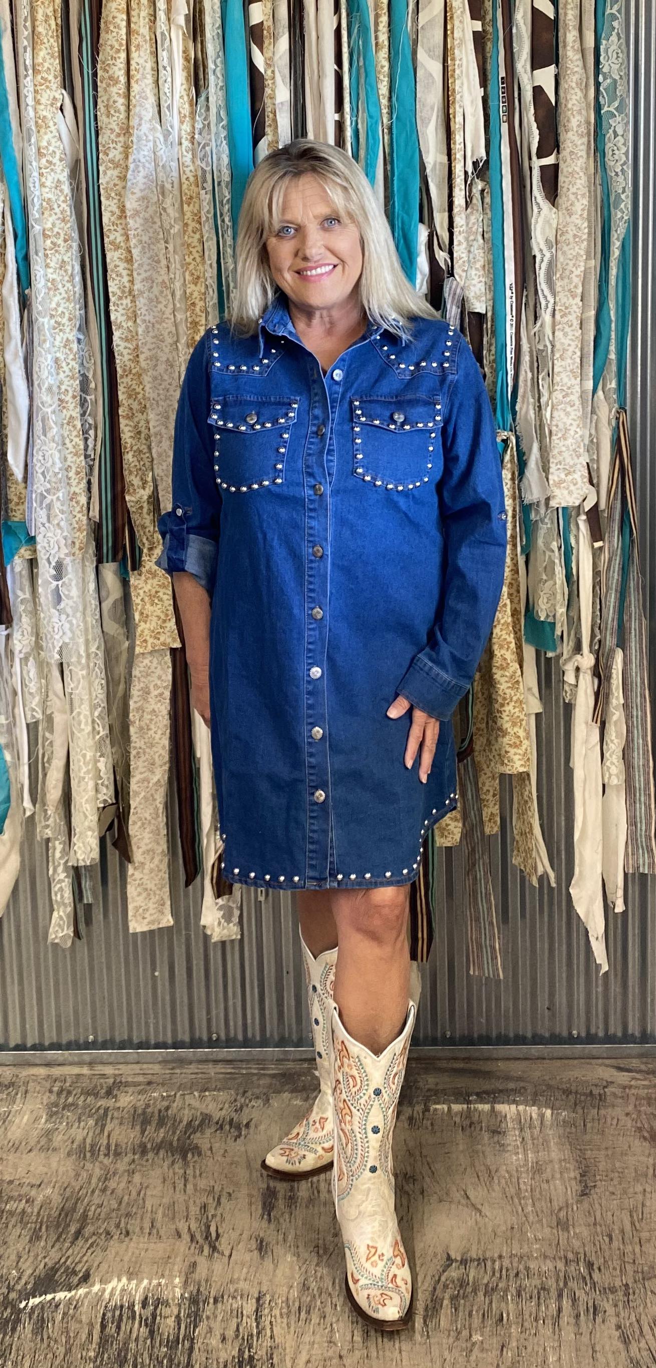 SALE L B Denim Dress with Stud Detail Classy Cowgirl Co