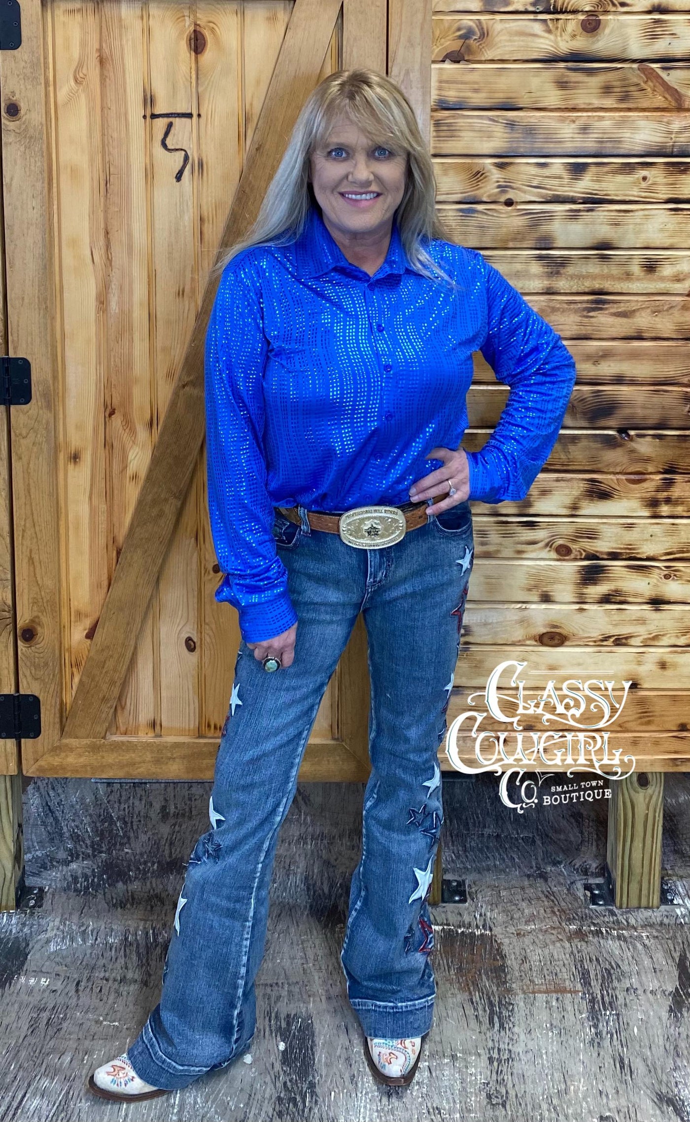Cowgirl Tuff Blue Metallic Pullover Button Up