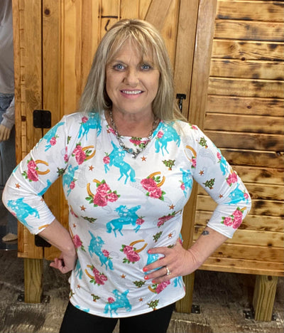 L&B Turquoise Cowgirl 3/4 Sleeve Layering Top