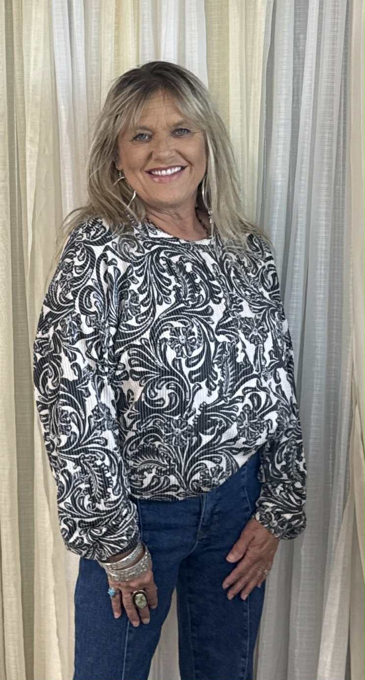 Sterling Kreek Tooled In Love Ribbed Long Sleeve Top