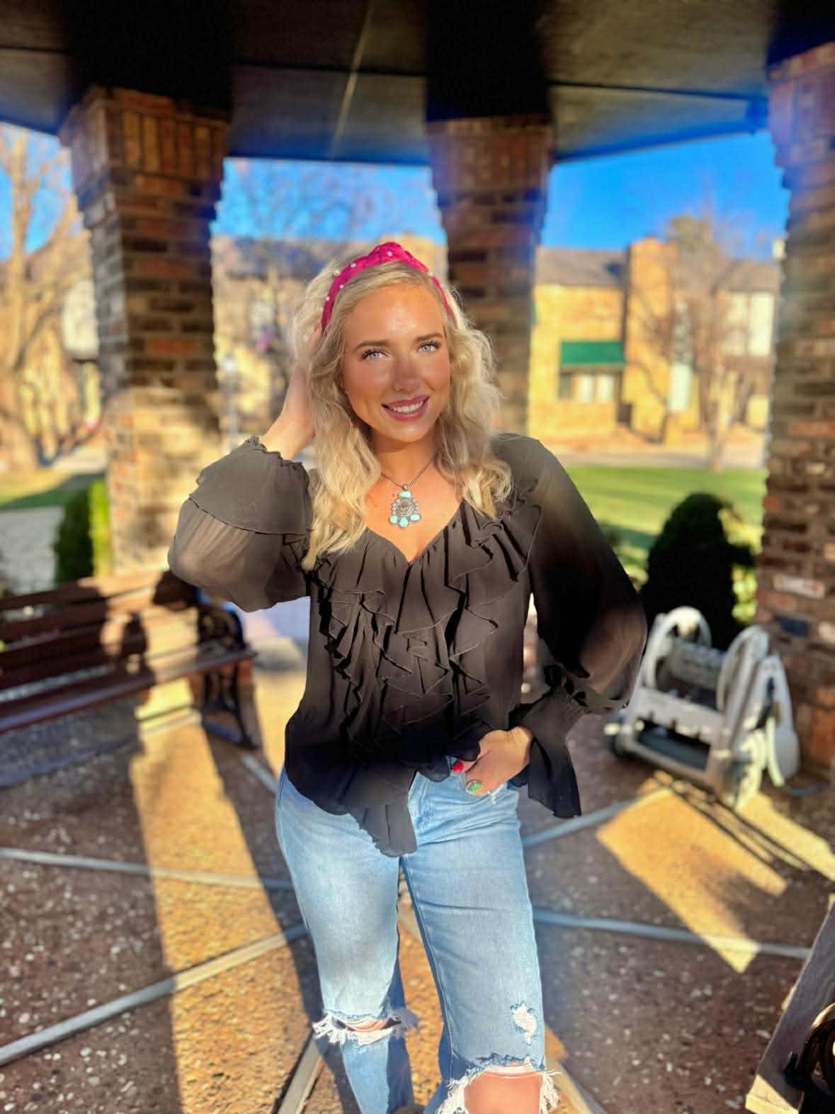 L&B Black Western Chiffon Ruffle Top