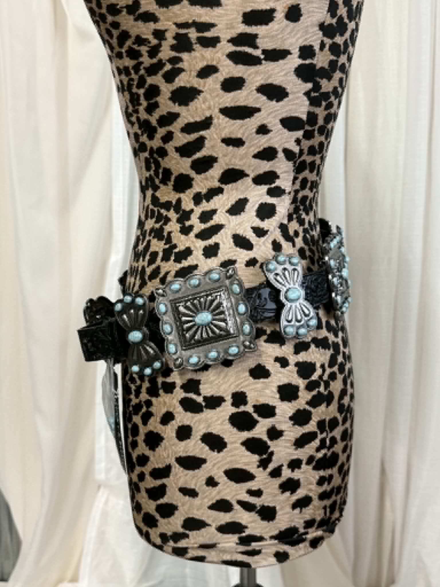 L&B Black Concho Ribbon Belt with Turquoise Stones BE-20-BL
