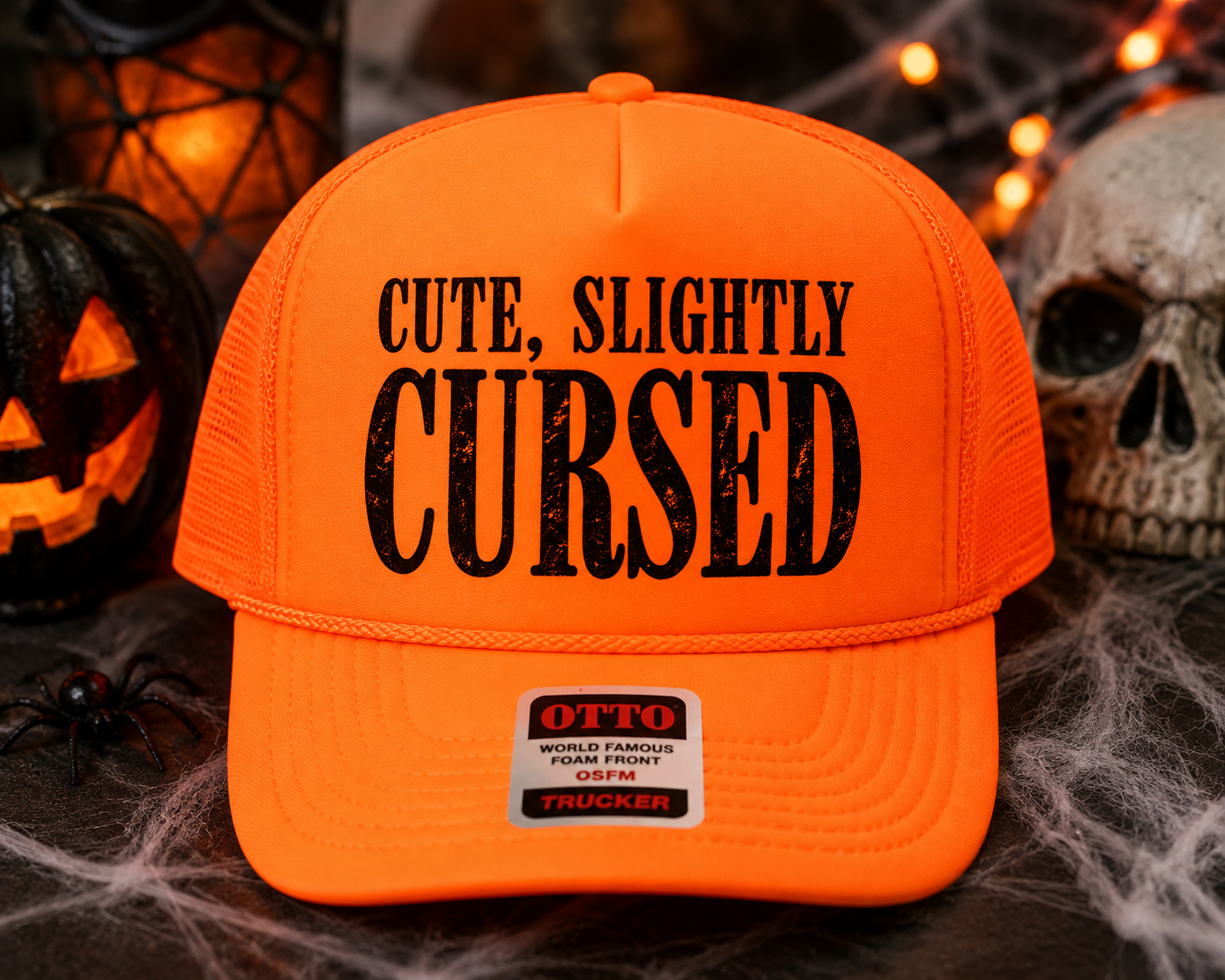 An orange trucker hat with black text reading 'CUTE, SLIGHTLY CURSED' on the front, displayed on a dark Halloween-themed surface with a jack-o'-lantern, skull, spider, and string lights in the background.