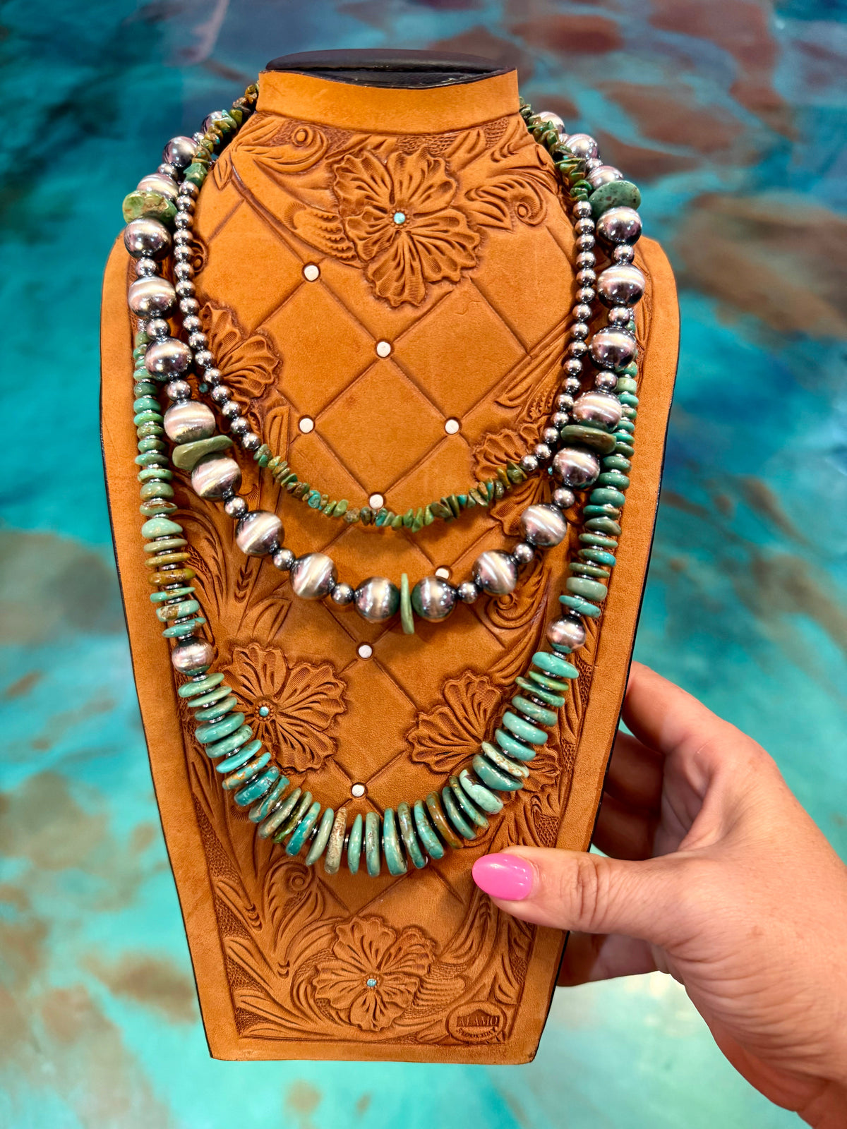 Green Turquoise & Sterling Silver Necklace Stack