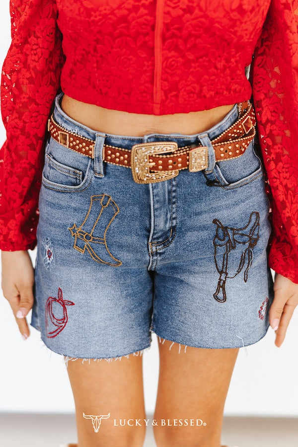 L&B Mid Wash Western Embroidered Denim Shorts