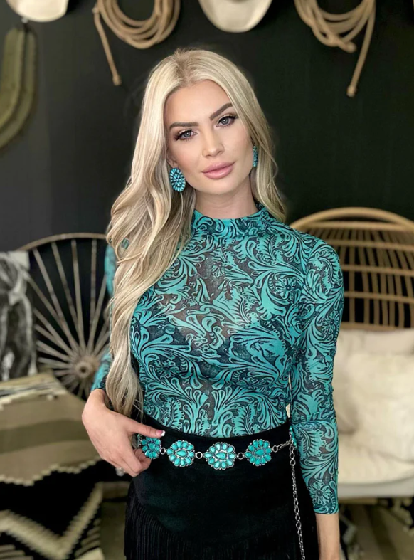 Tooled In turquoise Mesh Long sleeve top