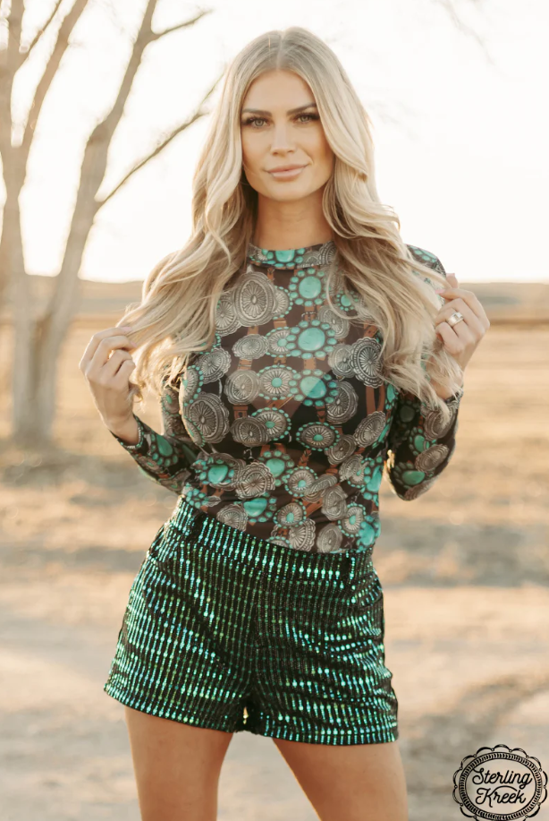 SALE- Sterling Kreek Turquoise Shimmy Up Shorts