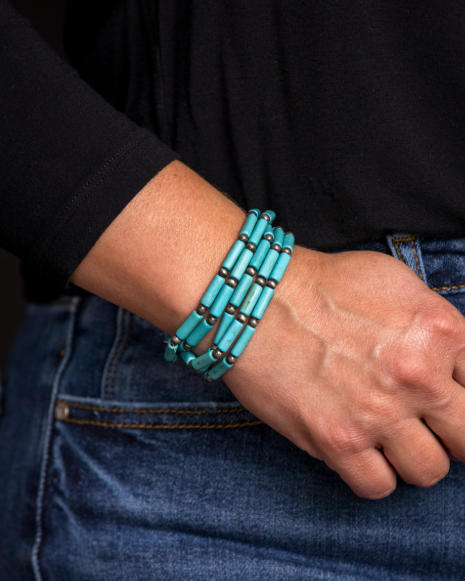 5 Strand Turquoise Tube Bead and Faux Navajo Pearl Stretch Bracelet BR1402