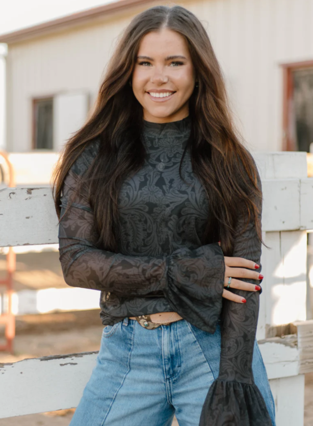 Tooled in Black Mesh Top