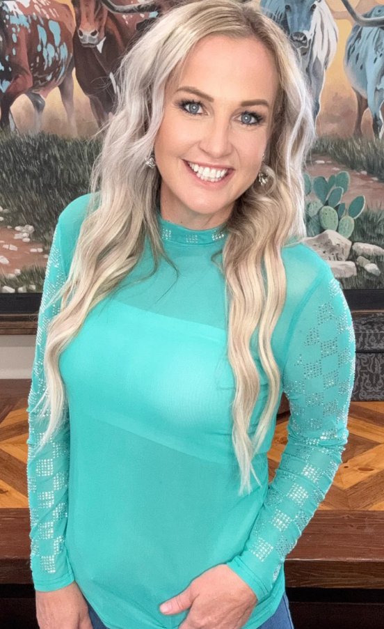 Checked in Turquoise Rhinestone Mesh