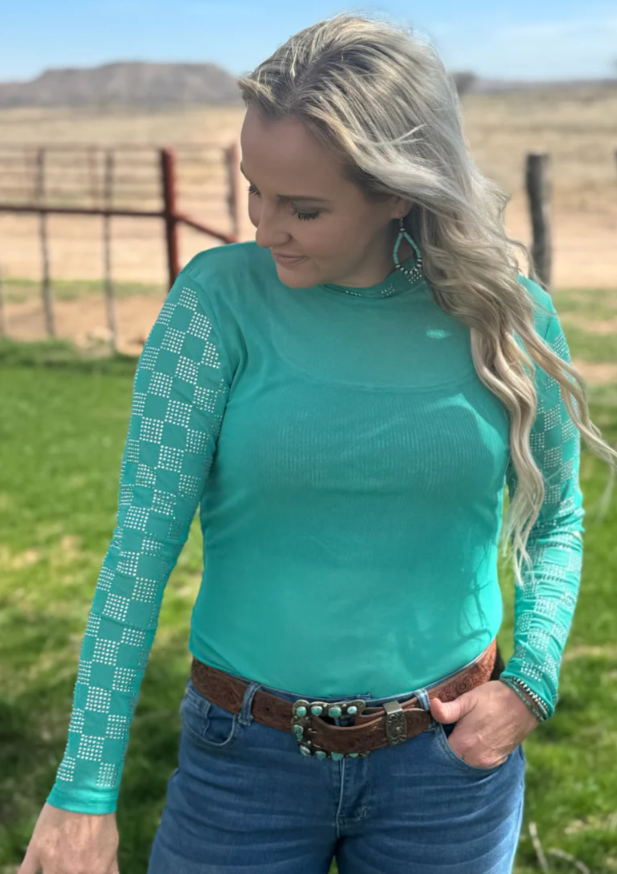Checked in Turquoise Rhinestone Mesh