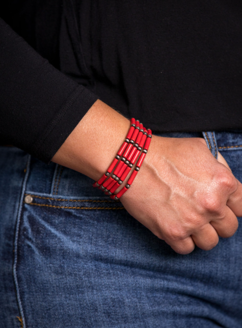 5 Strand Red Tube Bead Stretch Bracelet