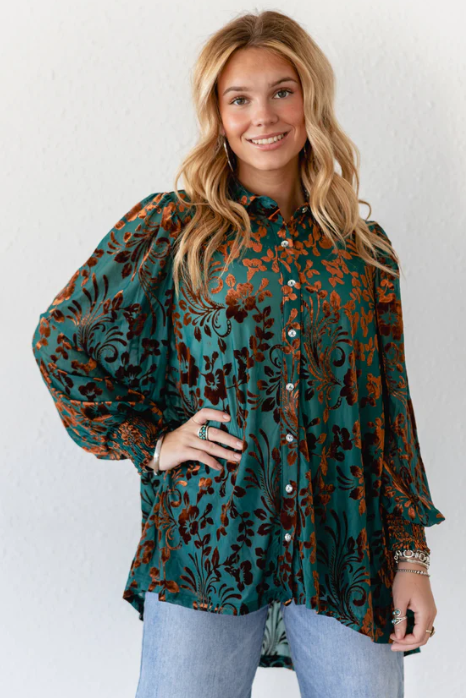 Turquoise & Chocolate Velvet Boho Blouse
