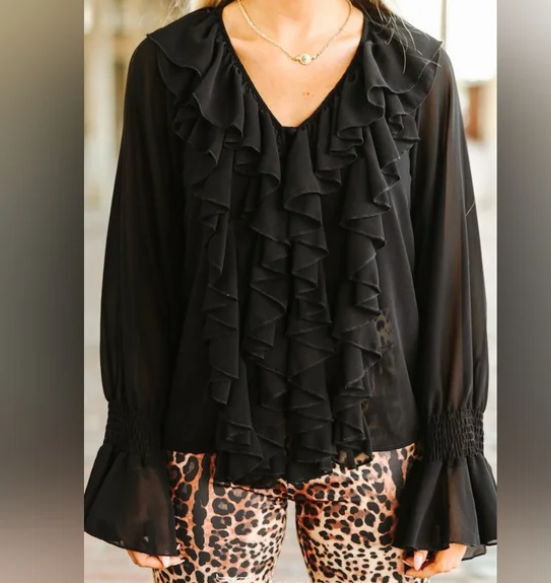 L&B Black Western Chiffon Ruffle Top