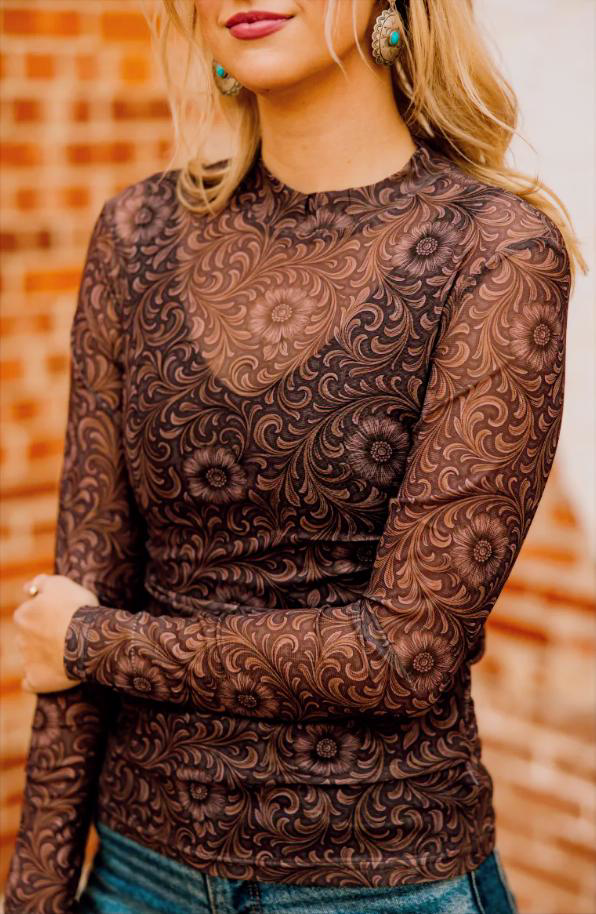 Bronzed Bloom Mesh Tooled Top