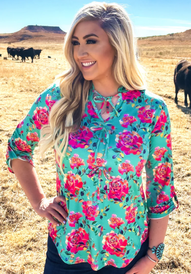 Turquoise Rosewater Bow Tie Top