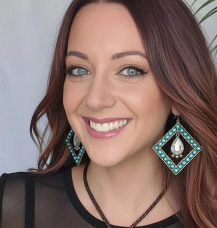 Diamond Turquoise W/ Center Crystal Earrings