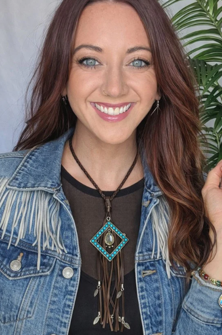 Diamond Turquoise W/ Crystal on Leather Cord Necklace