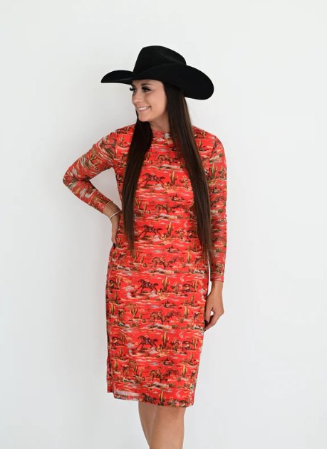 Red Western Mesh A line Dress
