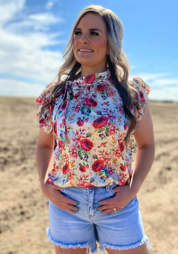 Porcelain Petals Silky Floral Top