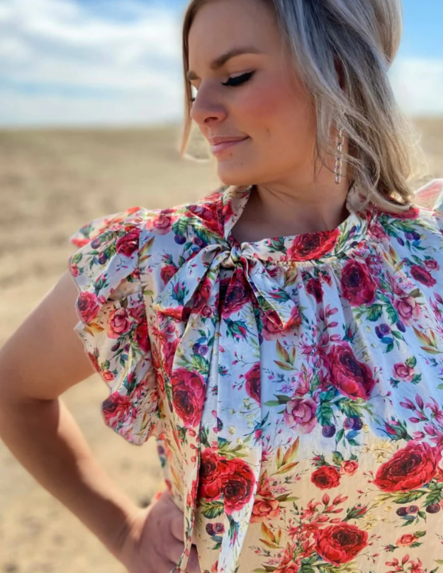 Porcelain Petals Silky Floral Top