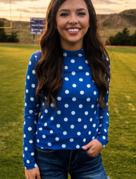 Sterling Kreek Game Day/ Kick Off Season Blue Polka Dot Mesh Top