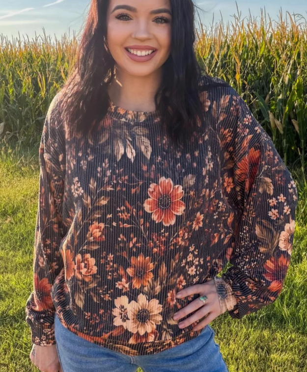 Sterling Kreek Amber Blossom Ribbed Long Sleeve Top