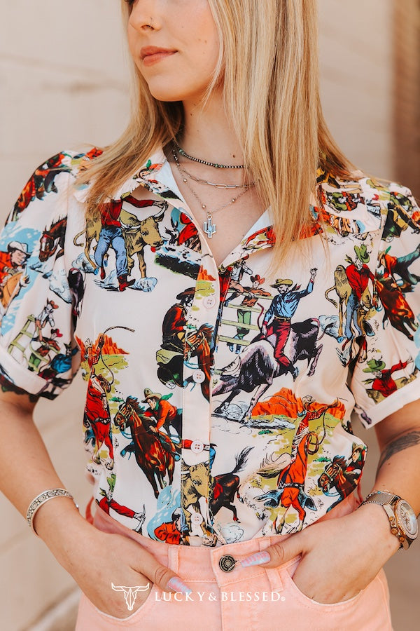 L&B Western Print Puff Sleeve Top