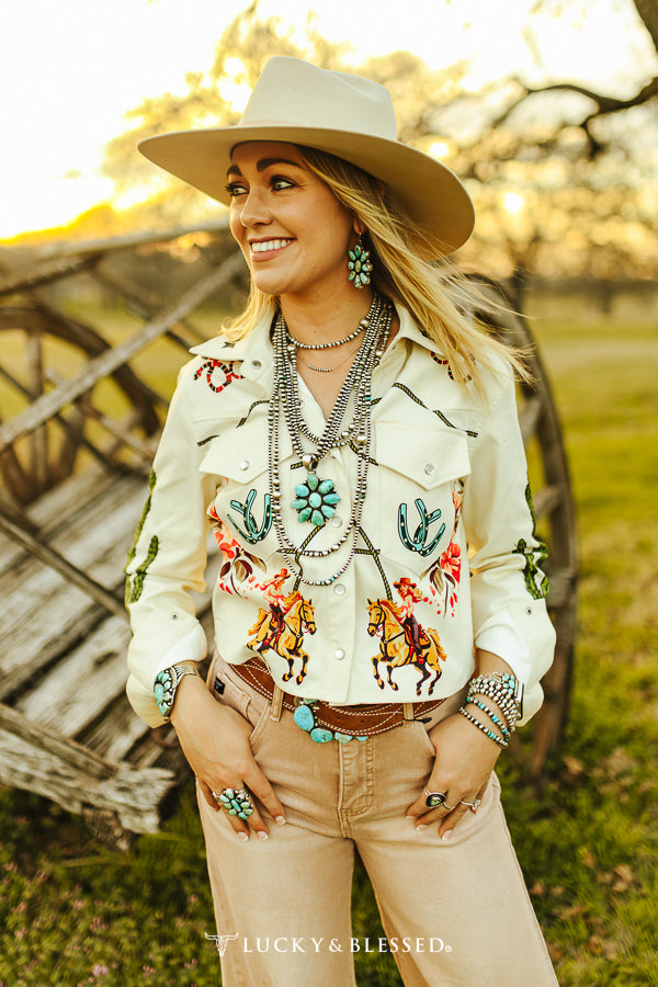 L&B Rodeo Cowgirl Cactus Cropped Pearl Snap Shirt