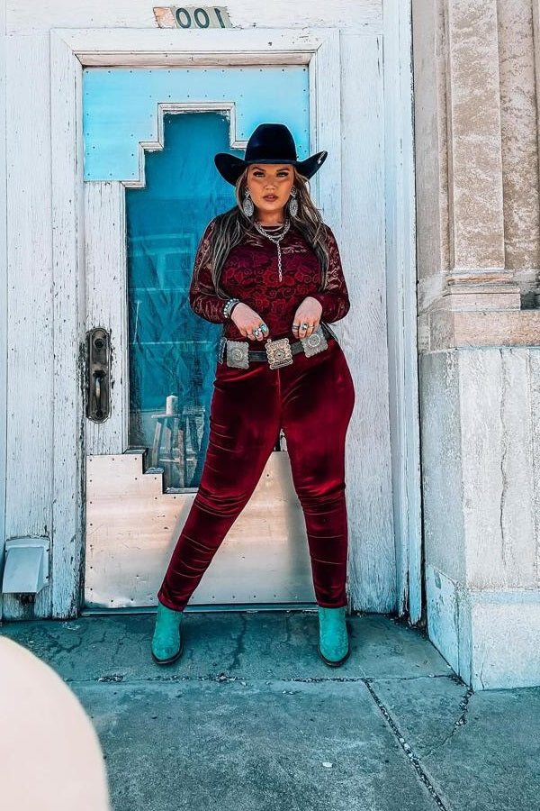 SALE- L&B Cropped Burgundy Velvet Skinny Pants