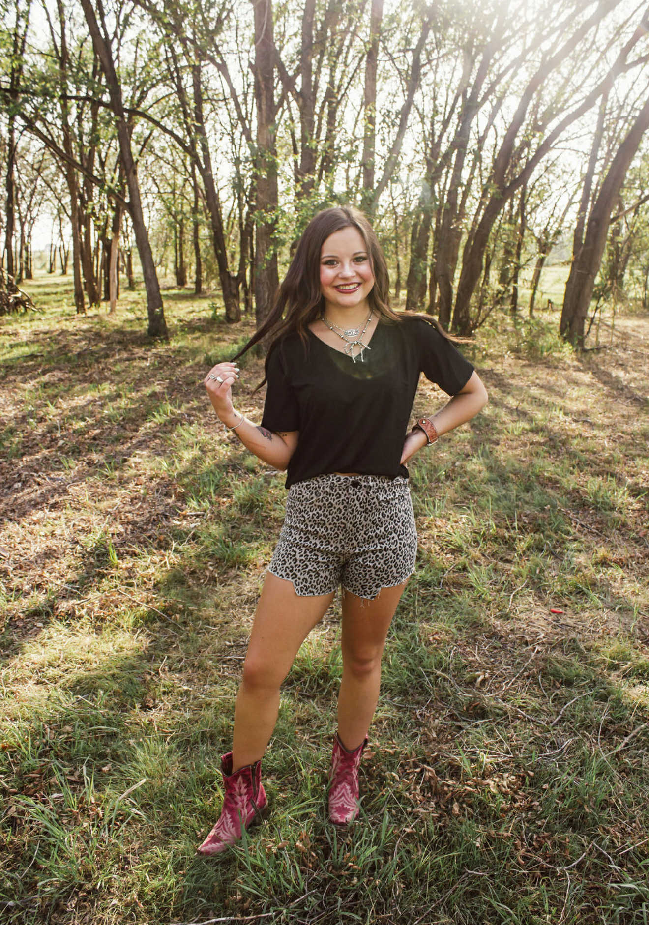 SALE- L&B Black Leopard Denim High Rise Frayed Hem Shorts (3in Inseam)