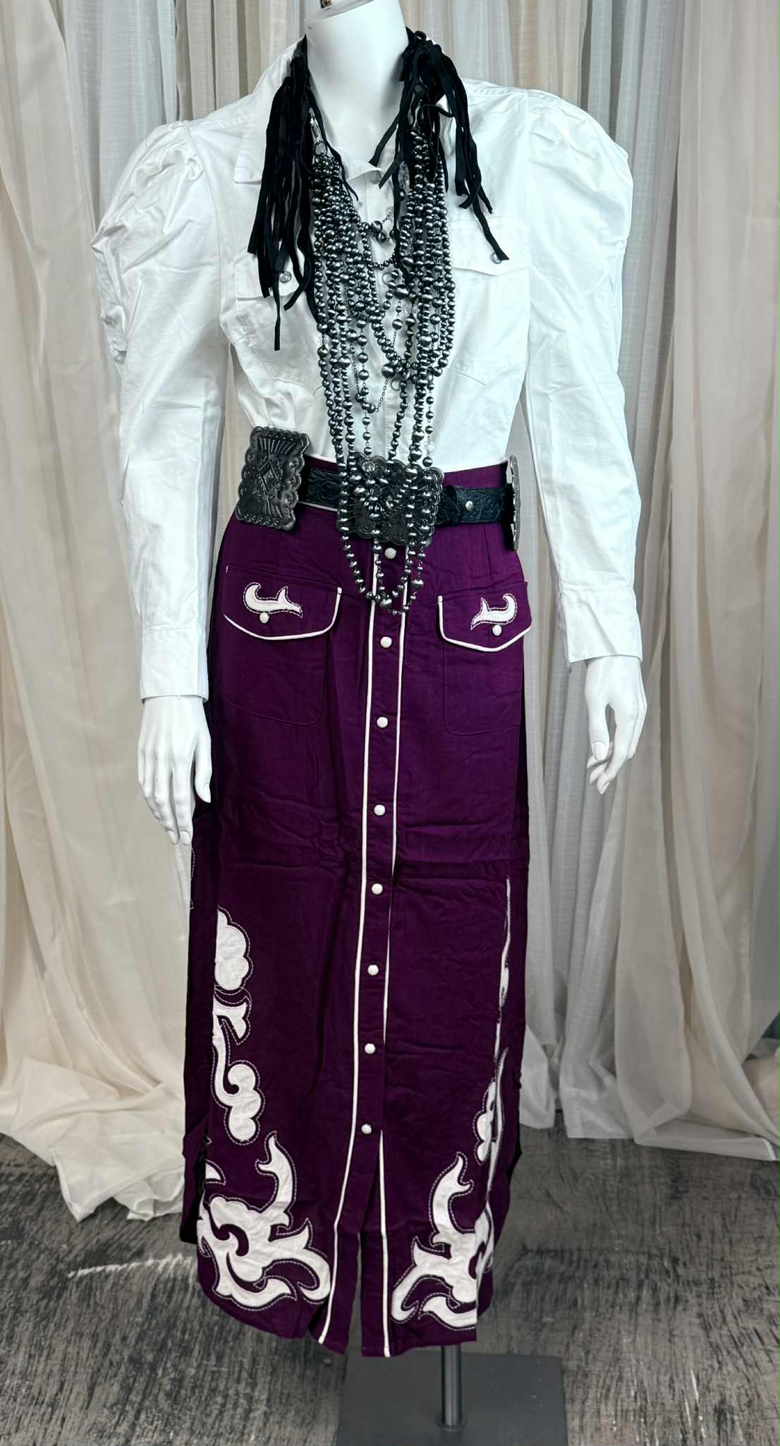 L&B Wine Boot Stitch Embroidered Pearl Snap Maxi Skirt