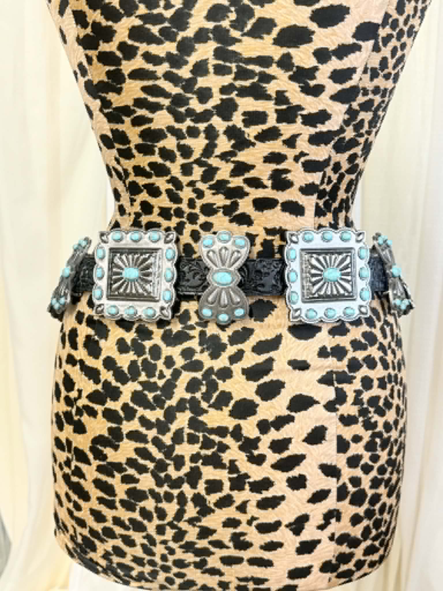 L&B Black Concho Ribbon Belt with Turquoise Stones BE-20-BL