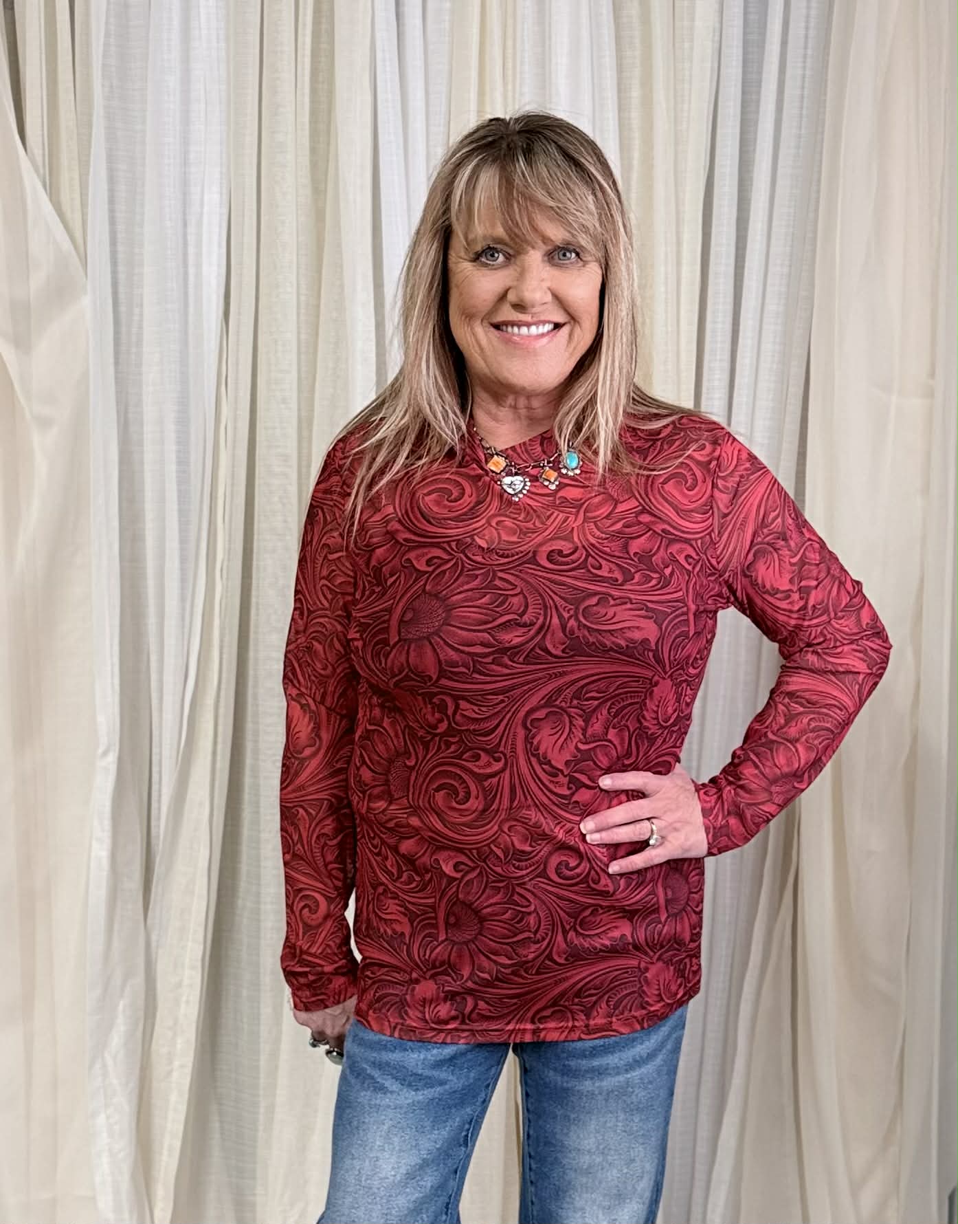 Sterling Kreek Tooled in Red Mesh Top