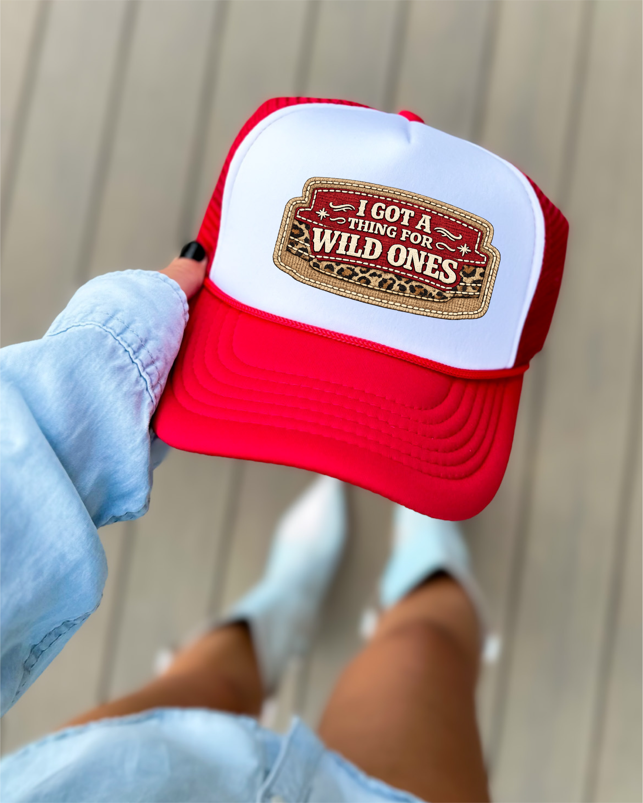 I Got A Thing For The Wild Ones DTF Printed Red and White Trucker Hat