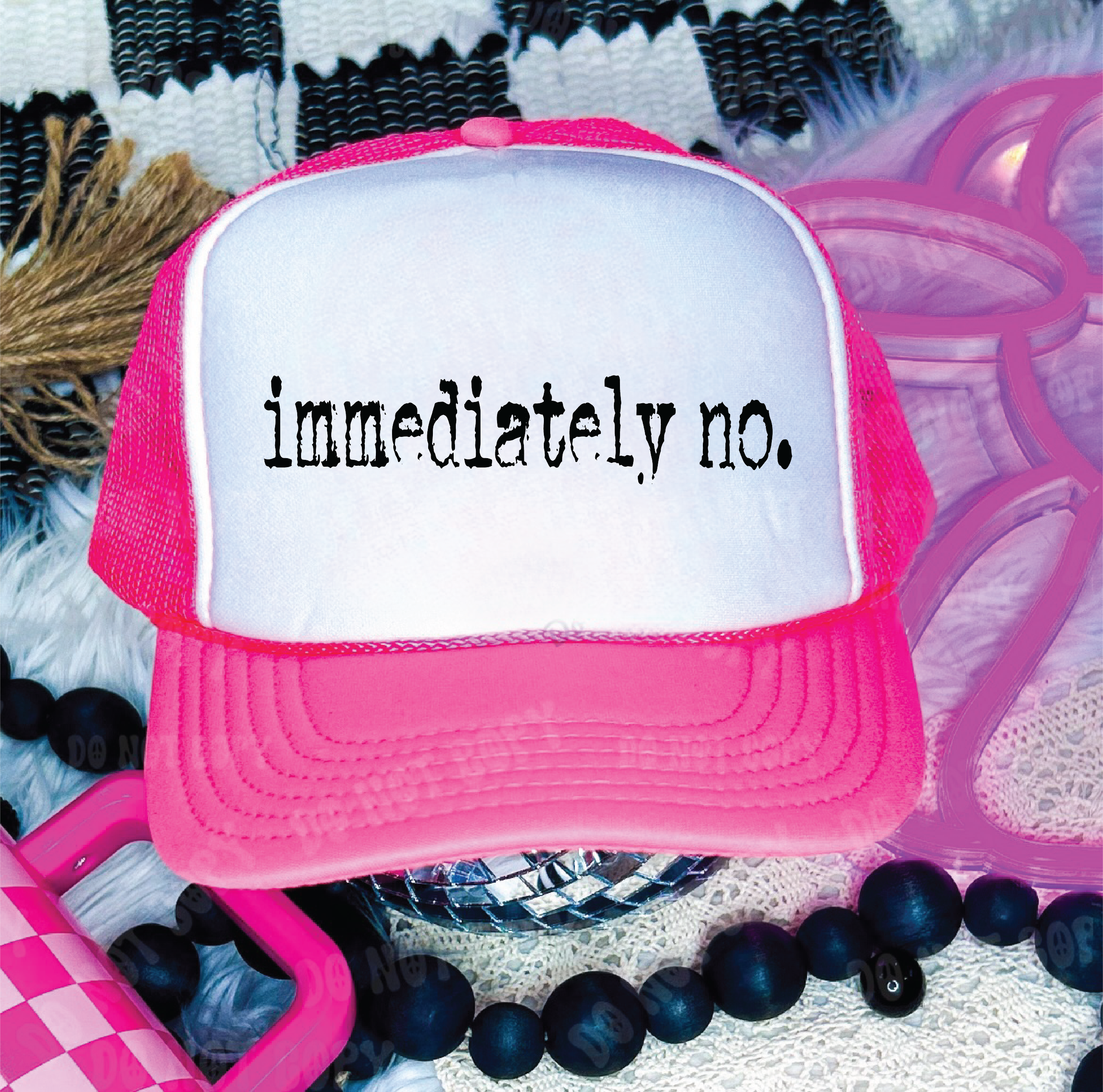 Immediately No DTF Printed Neon Pink and White Trucker Hat