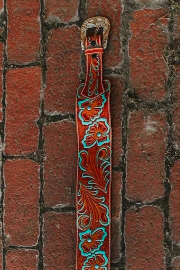 L&B Wide Leather Belt - Brown with Turquoise Detail and Stones