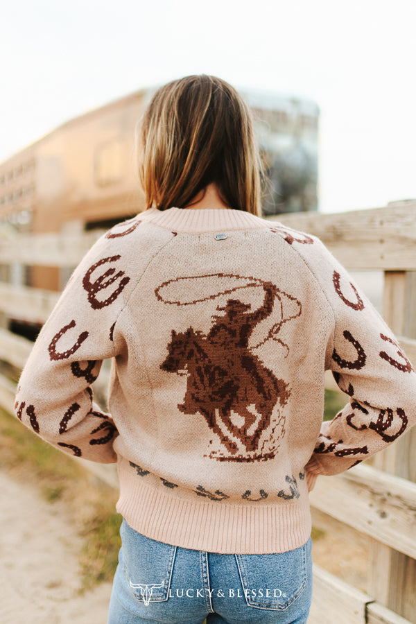 L&B Beige Western Zip Front Sweater