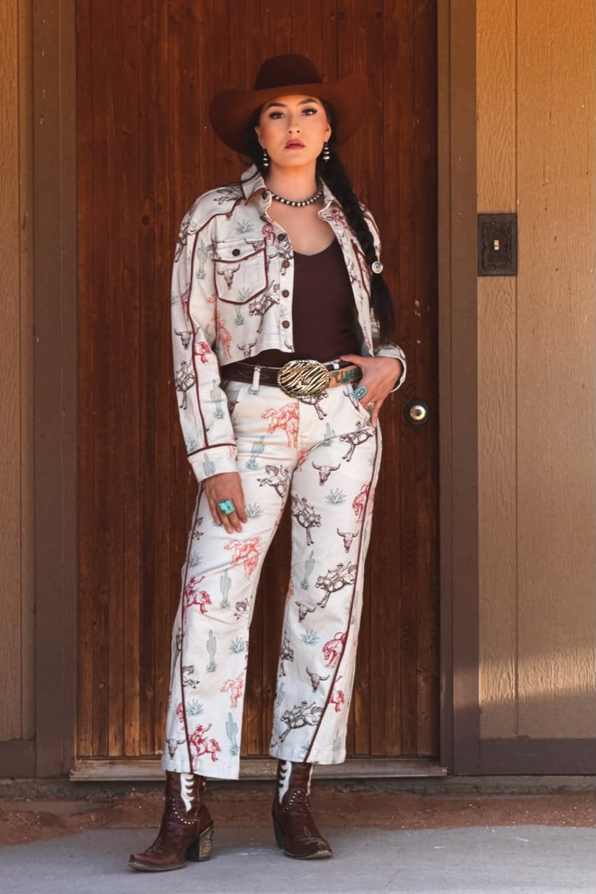 L&B Western Print Mid Rise Barrel Jeans