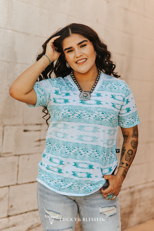 L&B Ivory Turquoise Aztec Print Top