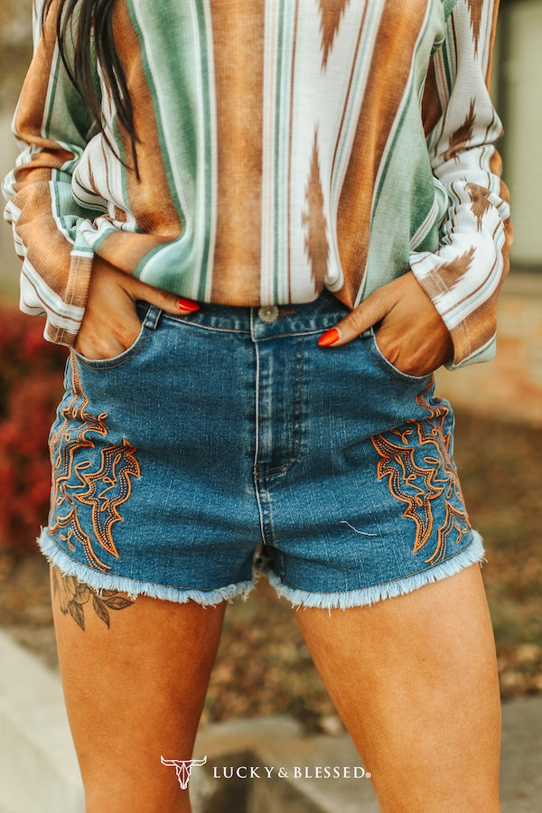 L&B Rebel Stitch High Waist Denim Shorts with Boot Stitch Embroidery SH080