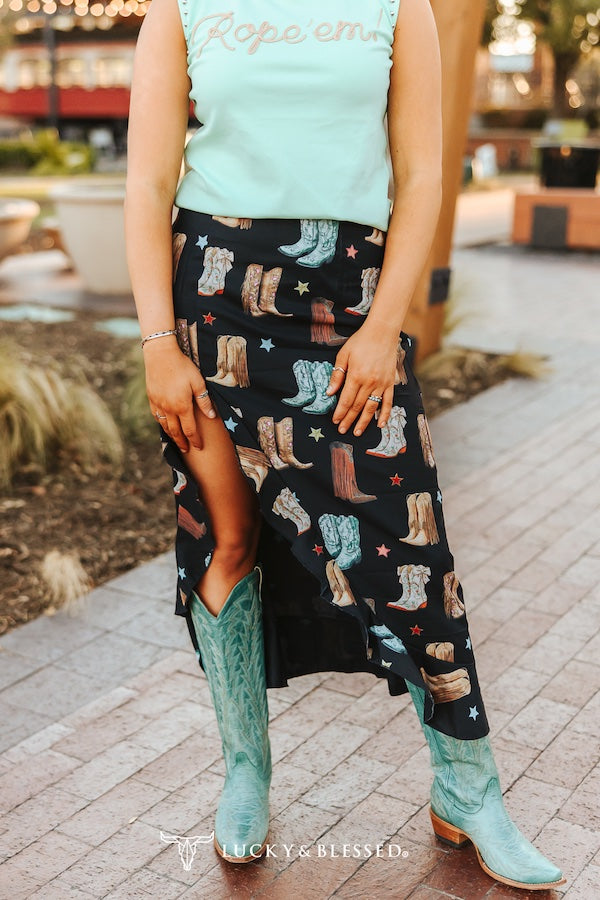 L&B Boot Print Midi Skirt with Side Slit