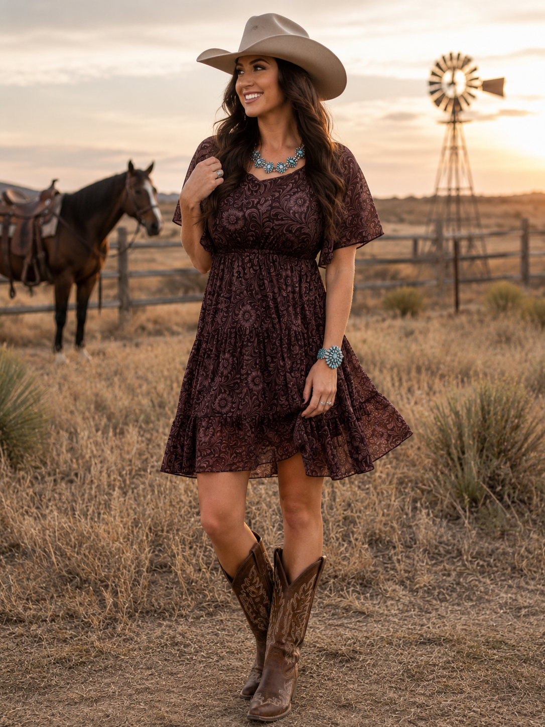 Woman in a brown dress and cowboy hat standing in a field with horses and a windmill in the background.