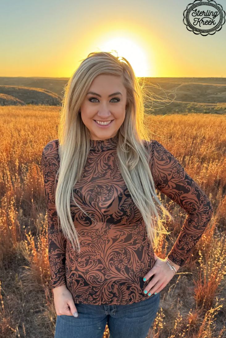 Country Road Tooled Leather Mesh Long Sleeve Top