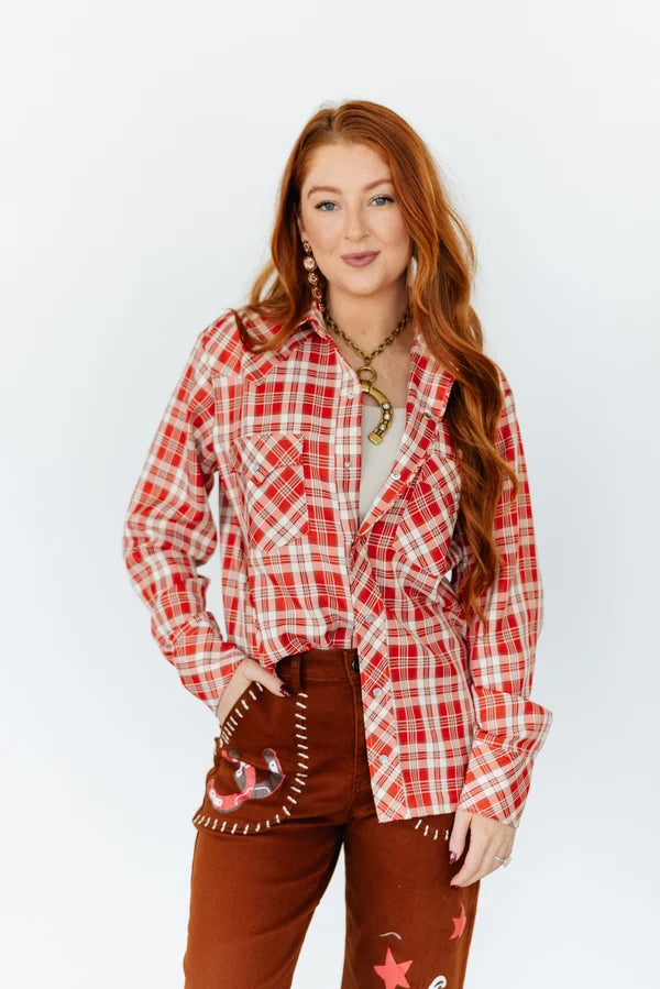 Red Plaid Pearl Snap Top